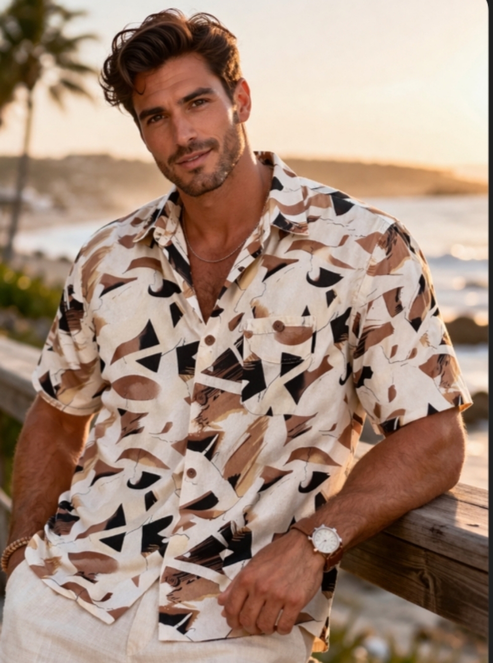 Trust Linen Blend Abstract Print Button Down Shirt XXL Resort Beach Tan Brown